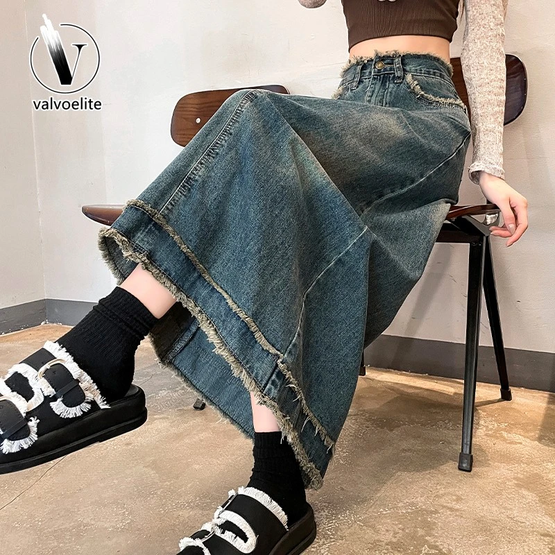 VALVOELITE高腰牛仔半身裙女春夏季新款拼接宽松显瘦a字中长裙子