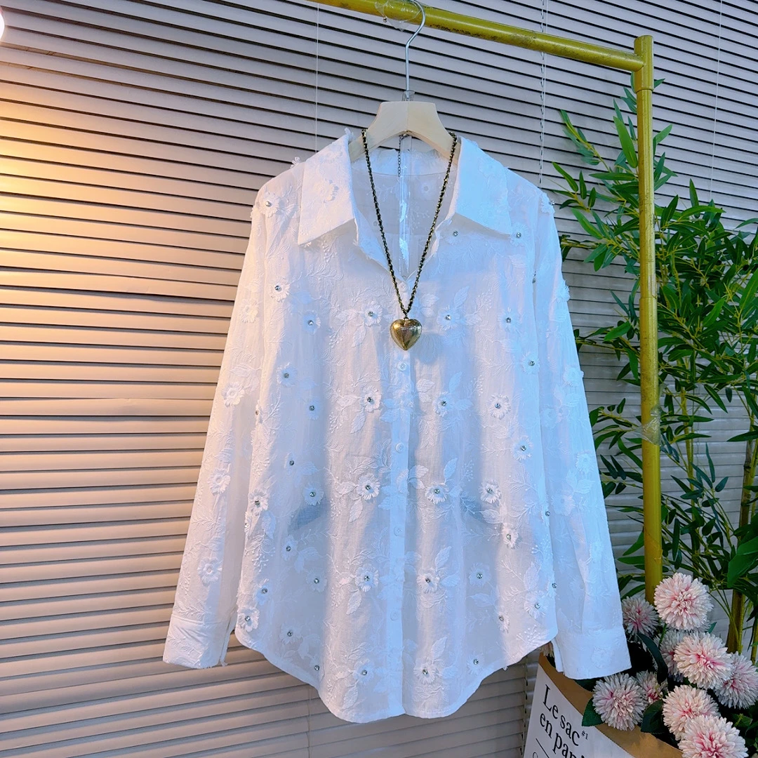 H胖妹妹春季新款时尚韩系刺绣花朵订钻款设计感气质百搭纯色开衫