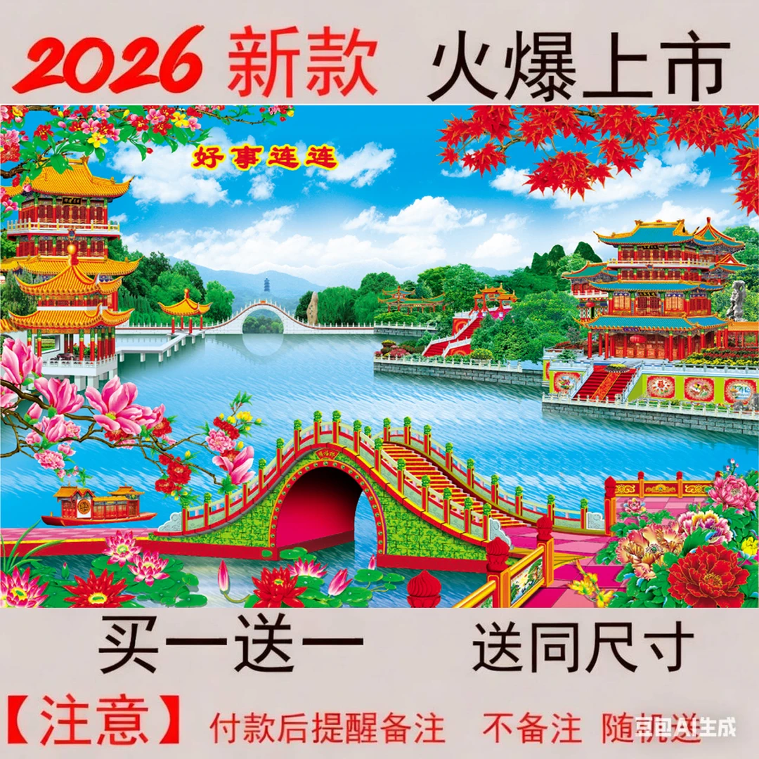 两排绿树山水客厅无框简约走廊装饰画年画黄金遍地风景画纸画