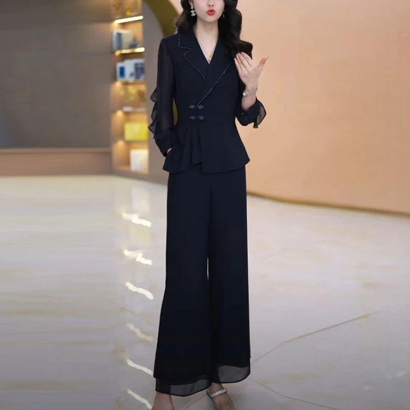 多丽丝阔腿裤套装减龄2025春秋新款女神范气质显瘦洋气国风两件套