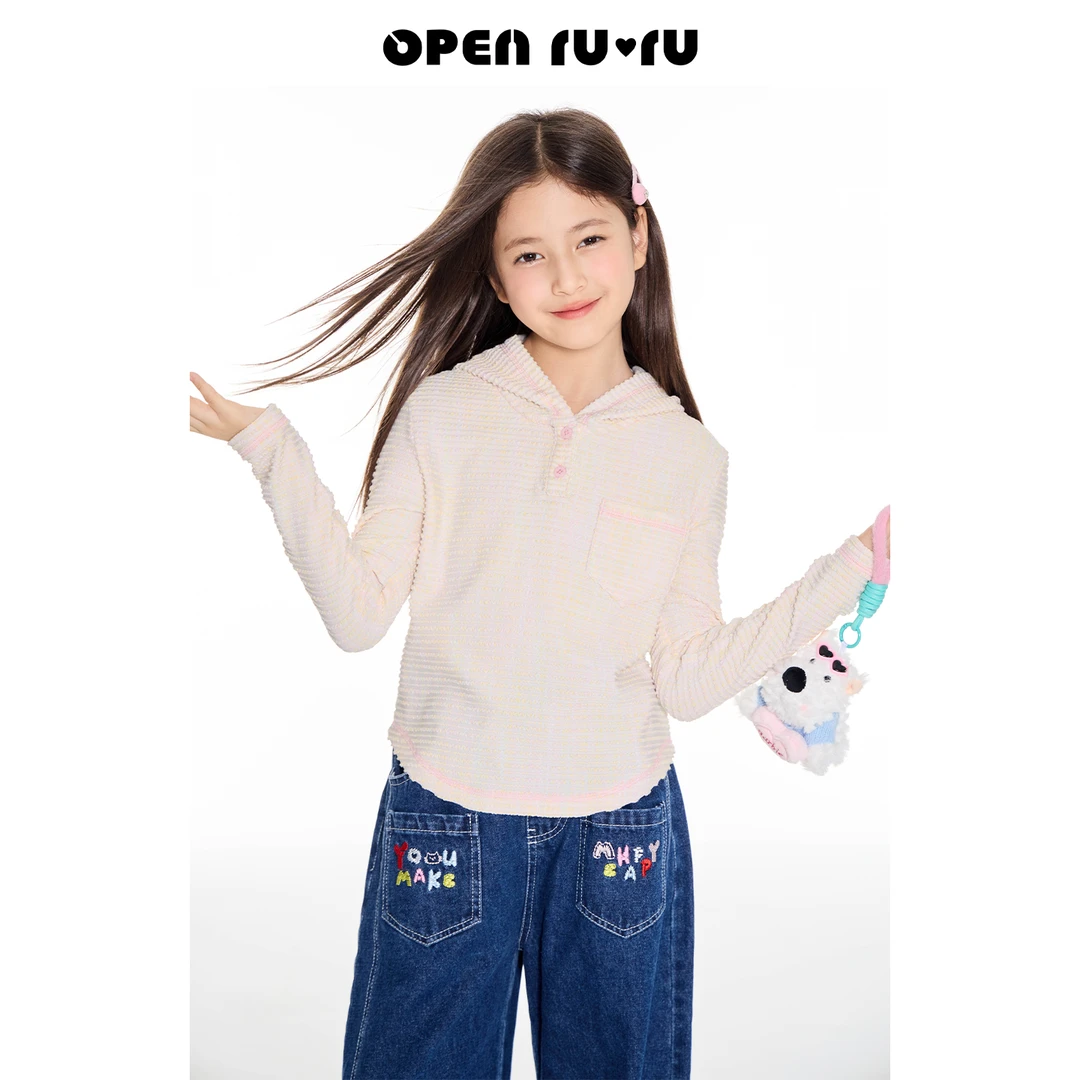 Opennunu女童肌理感针织连帽上衣秋季设计感修身短款套头小衫