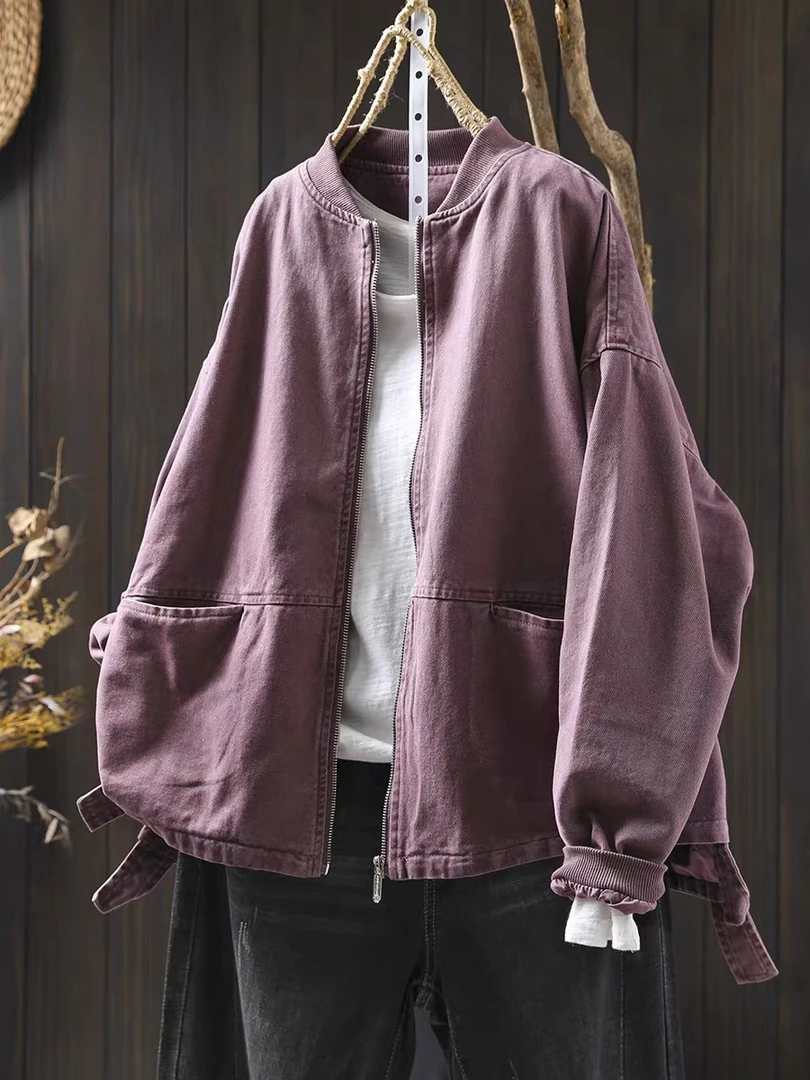 纯棉立领棒球服外套女宽松短款2025春季新款复古大码遮肉胖MM夹克