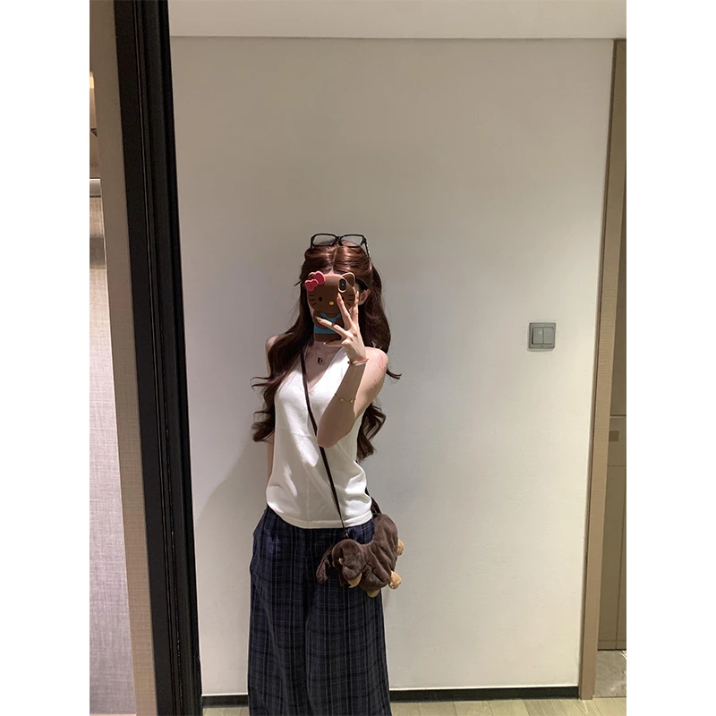 温婉大方衣服纯欲挂脖背心吊带上衣夏季高腰宽松格纹休闲阔腿裤