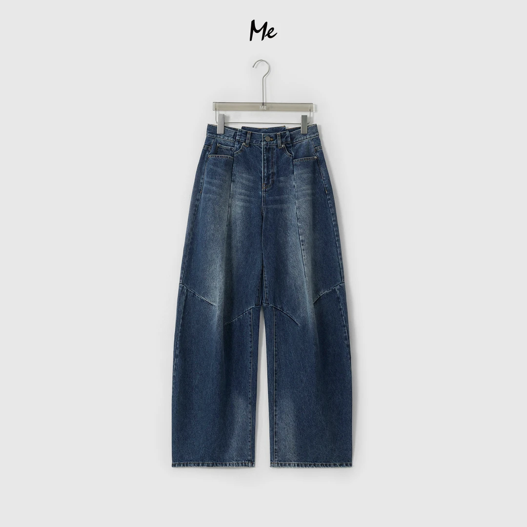 ME【错位弯刀蓝牛】100棉高腰显瘦百搭时尚水洗磨白牛仔裤MESA0348