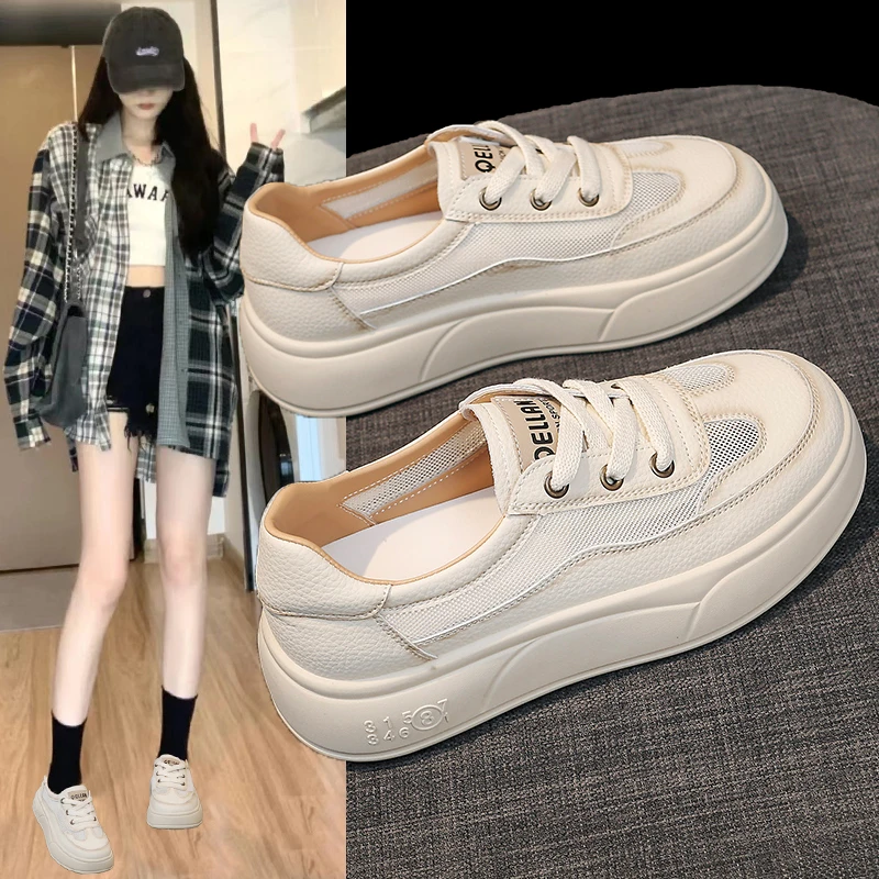网面欧若风厚底小白鞋女2025新款运动休闲鞋透气增高百搭轻便软底