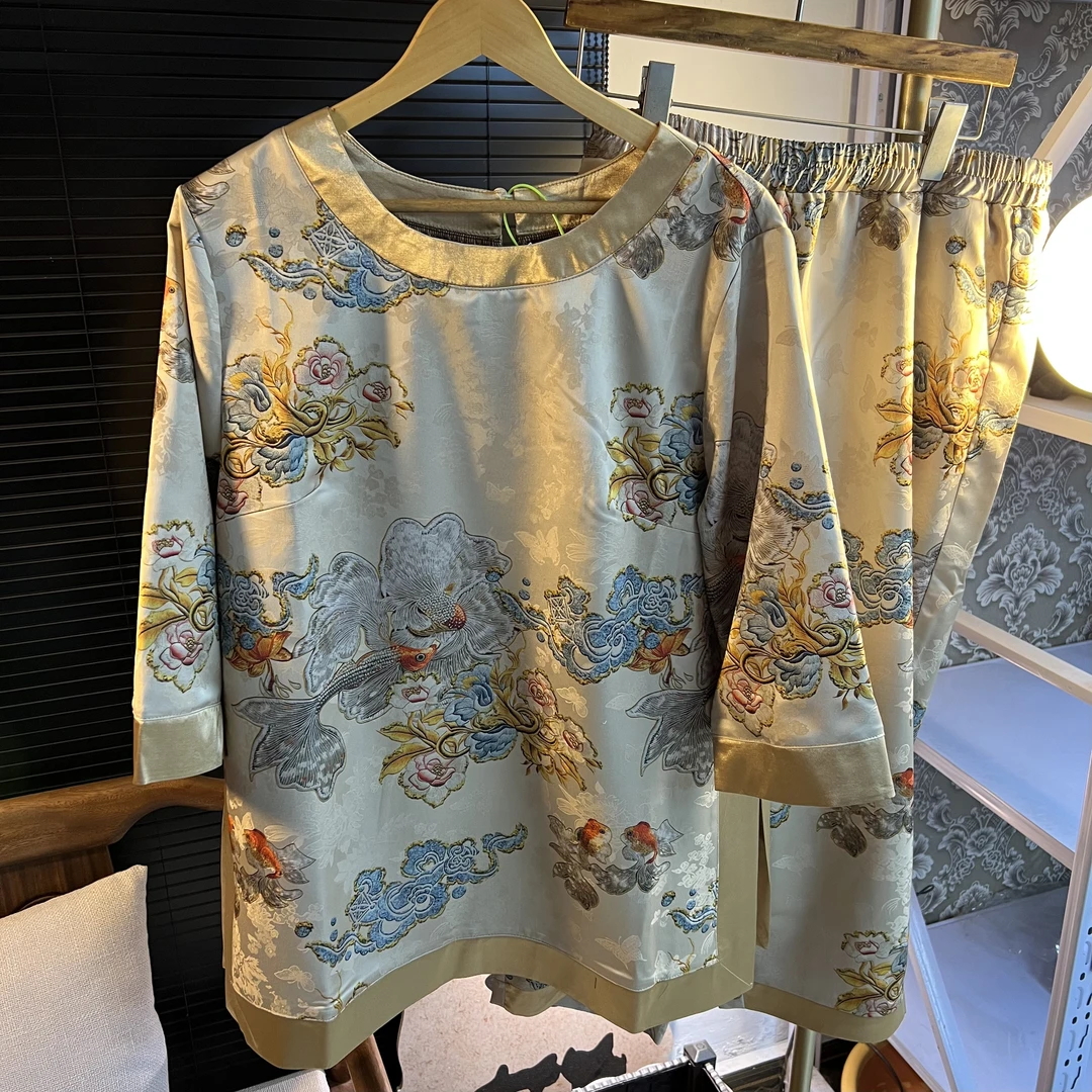 猫家YZM新中式国风圆领大码开叉提花上衣短袖套装9165