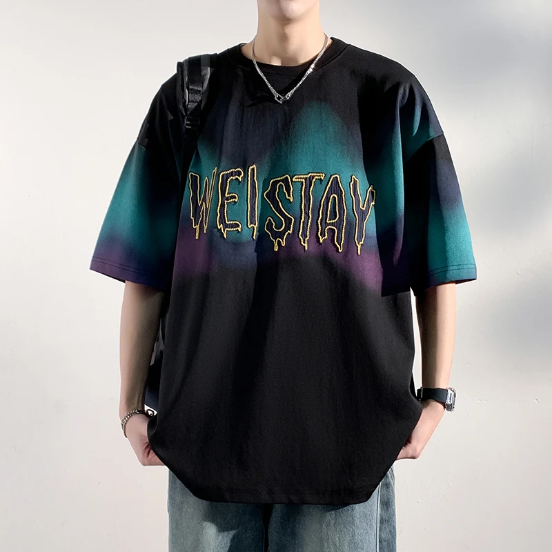 玛斯柏渐变字母刺绣T恤男士短袖夏季冰丝薄款透气宽松潮流上衣男