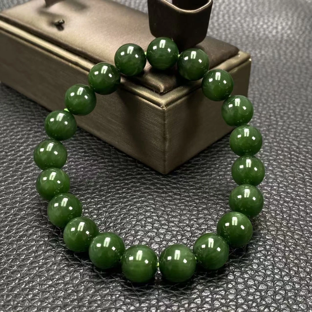 【迈越珠宝】天然和田玉碧玉菠菜绿圆珠手串微猫卡10mm情侣款单圈