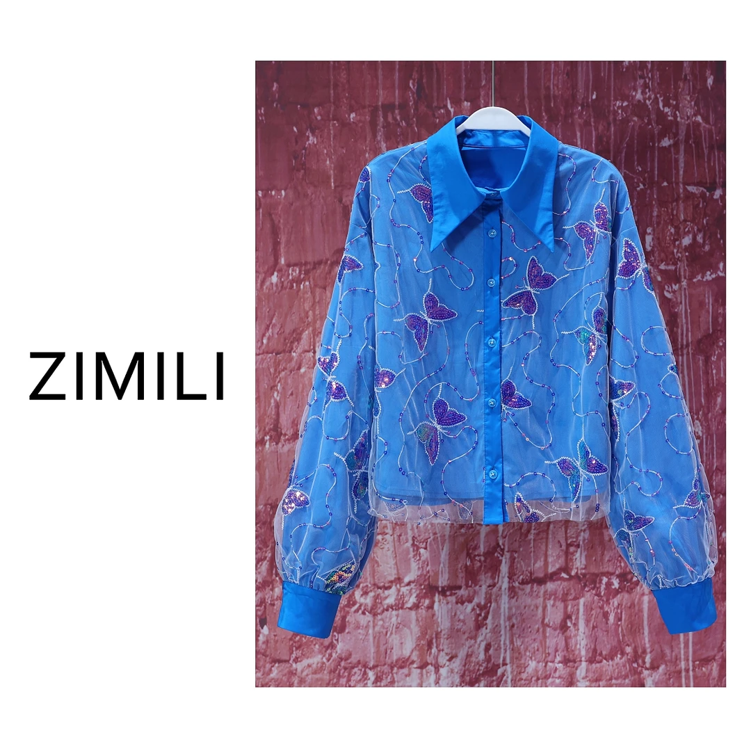 【亮哥女装】2025欧版轻薄松石蓝立裁假两件拼接短款衬衫6596