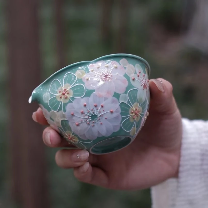 花满蹊设计师款绿葫芦公道杯法华彩手绘分茶器仿古泥茶海150ml