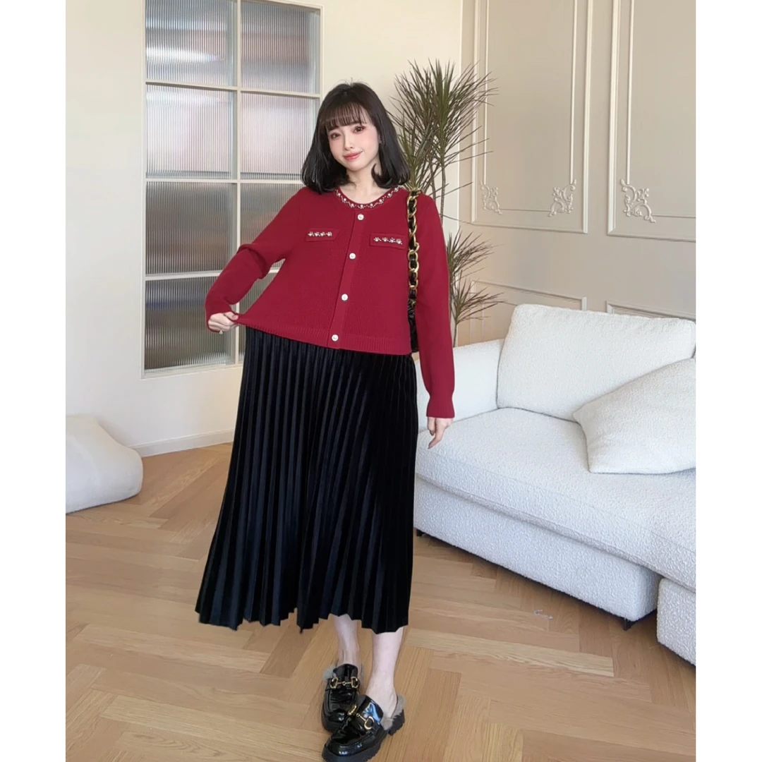 maodan/猫单清仓【微醺重奏】孕妇装2025新款气质针织假两件百褶裙.