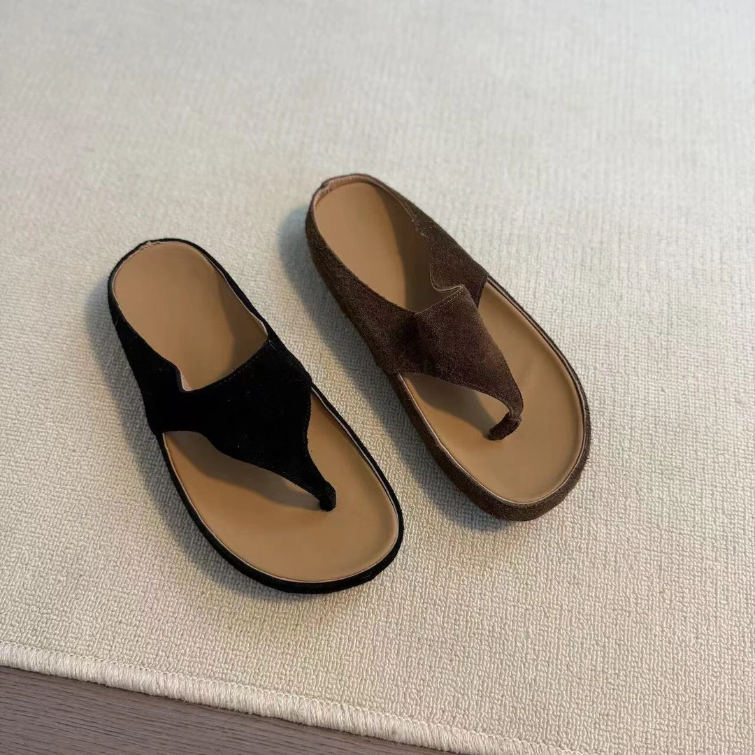 六也「翻皮夹趾」法式复古风休闲外穿百搭露趾圆头极简拖鞋女L809
