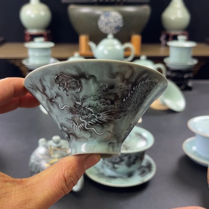 杯仿古釉汝官窑黑龙套壶盖碗杯子