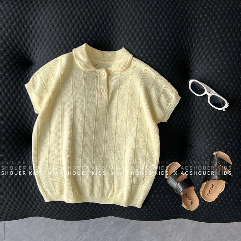 【小首尔】现货-儿童韩版简约针织衫夏季休闲翻领短袖上衣HBB7646
