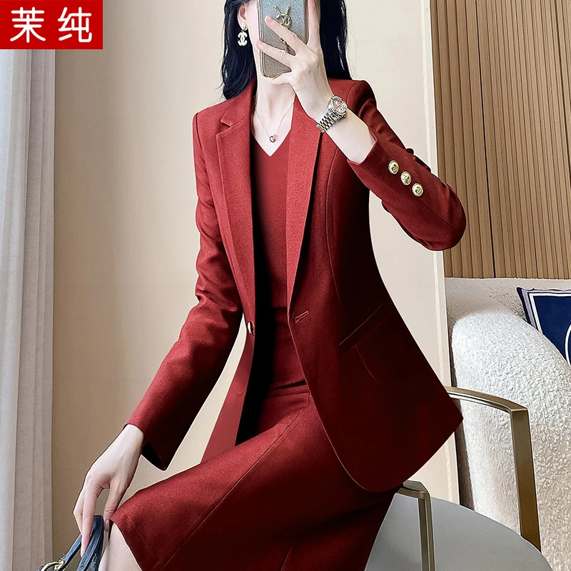 时尚洋气女2026新款砖红色西装高级感气质穿搭一整套高级感洋气裙