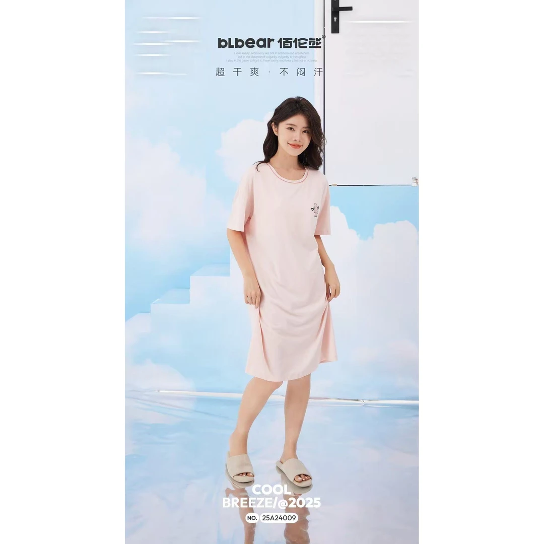 新款圆领卡通休闲带胸垫休闲短袖家居服睡裙25A24009