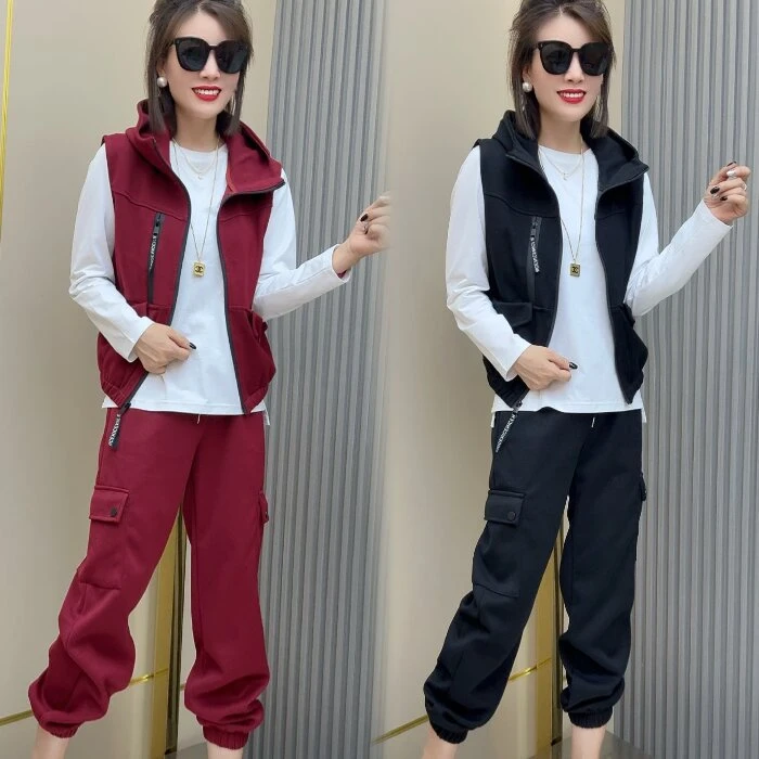 时尚爆款工装裤连帽洋气马甲三件套
