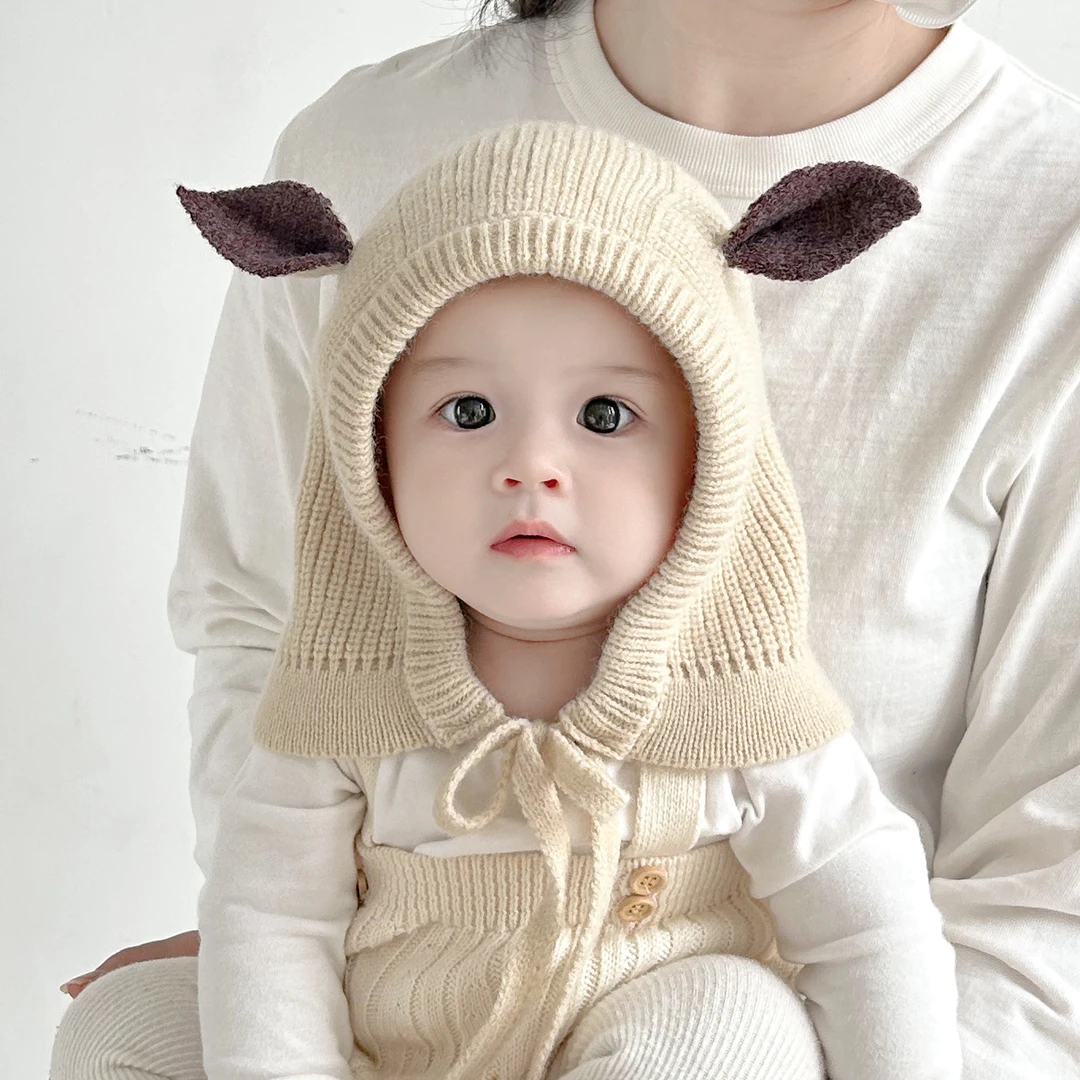 婴儿帽子围巾披肩一体帽秋冬季男女宝宝针织毛线帽可爱超萌儿童