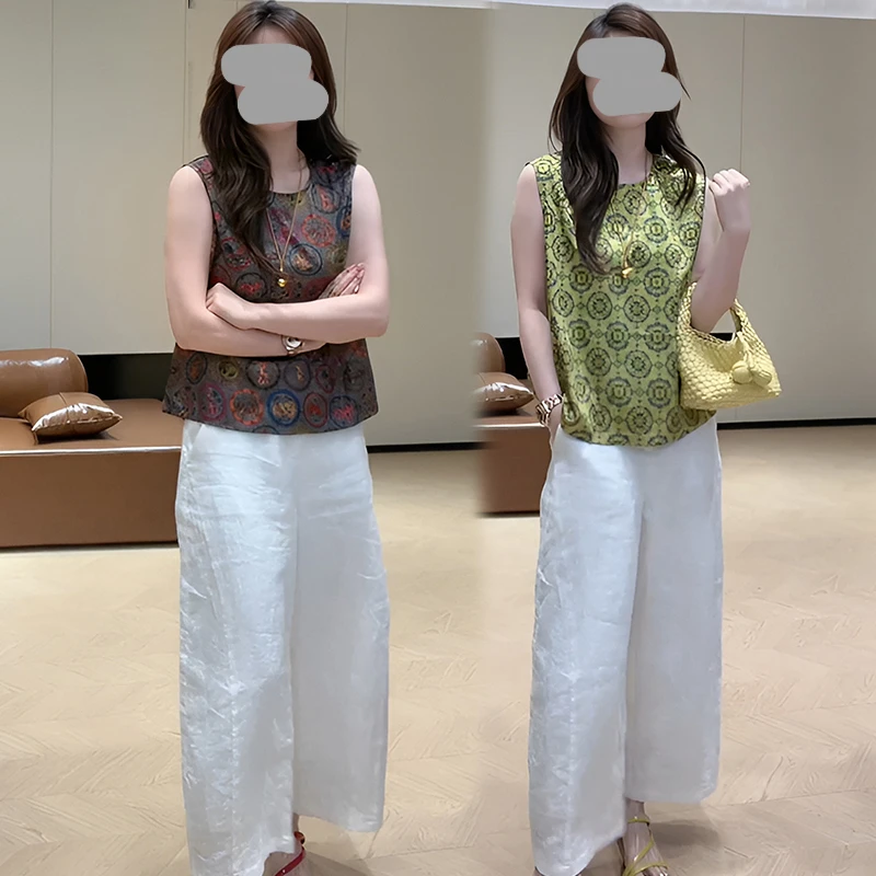 高级感新中式印花单排扣上衣女夏季新款温柔白色薄款阔腿裤两件套