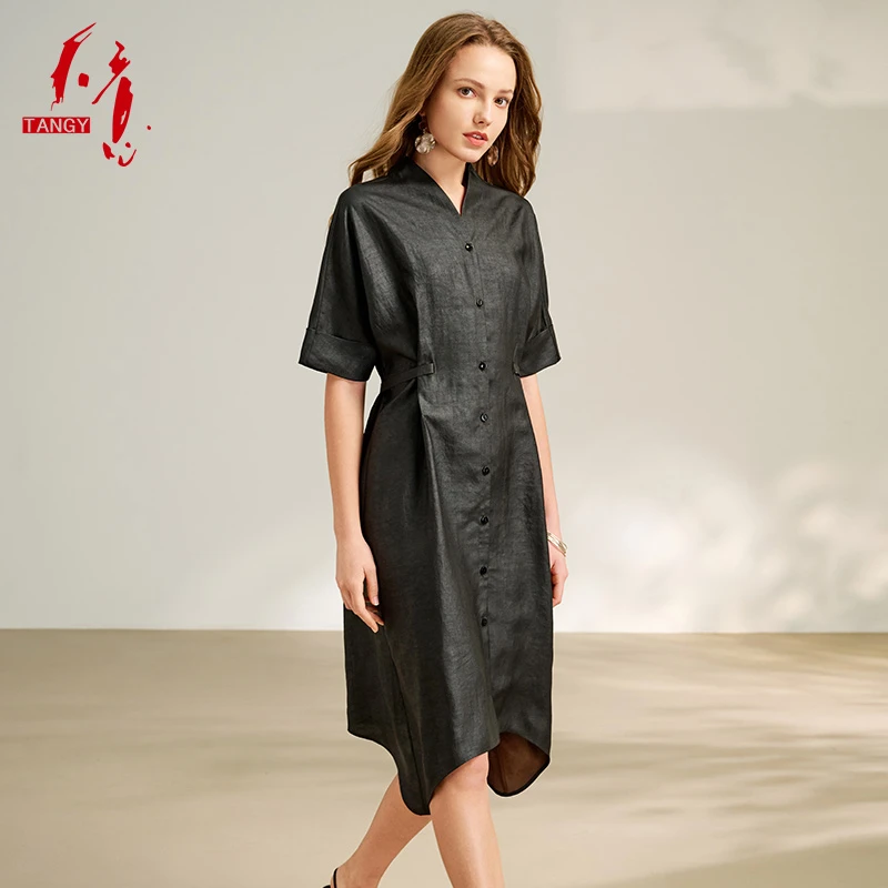 TANGY/天意2025夏季新款商场同款V领绑带女士莨绸连衣裙2252809