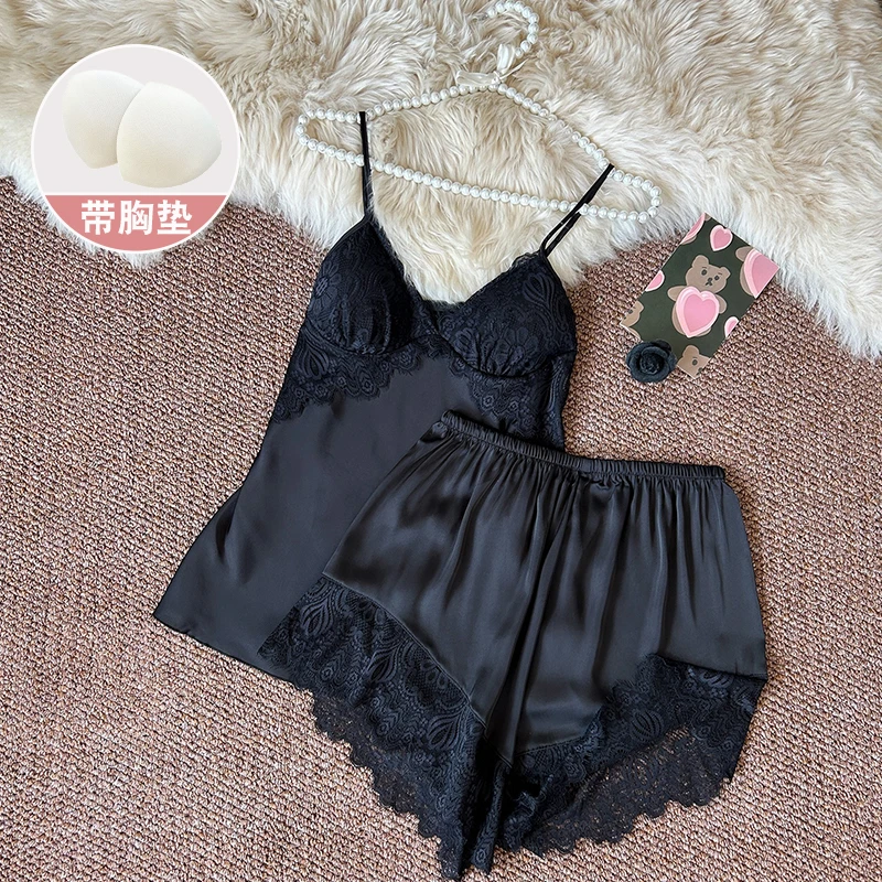 吊带睡衣女款夏季冰丝2025新款女士性感带胸垫黑色蕾丝露背两件套