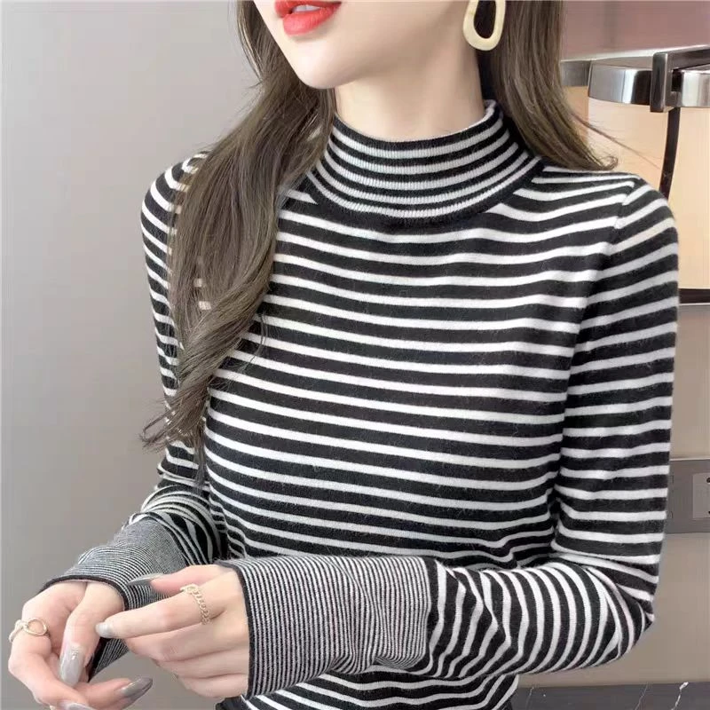 【经典条纹打底】半高领百搭显廋条纹打底衫女套头女313