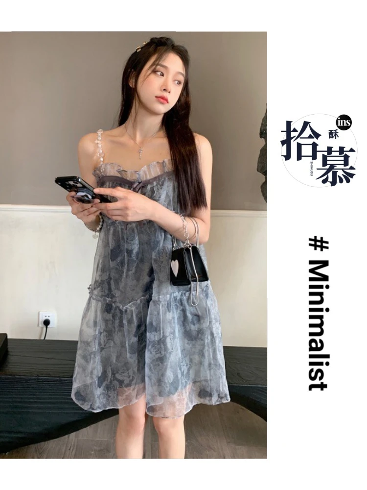 娃娃领子碎花吊带裙子网纱超仙装夏季外穿设计感优质宽松大码女