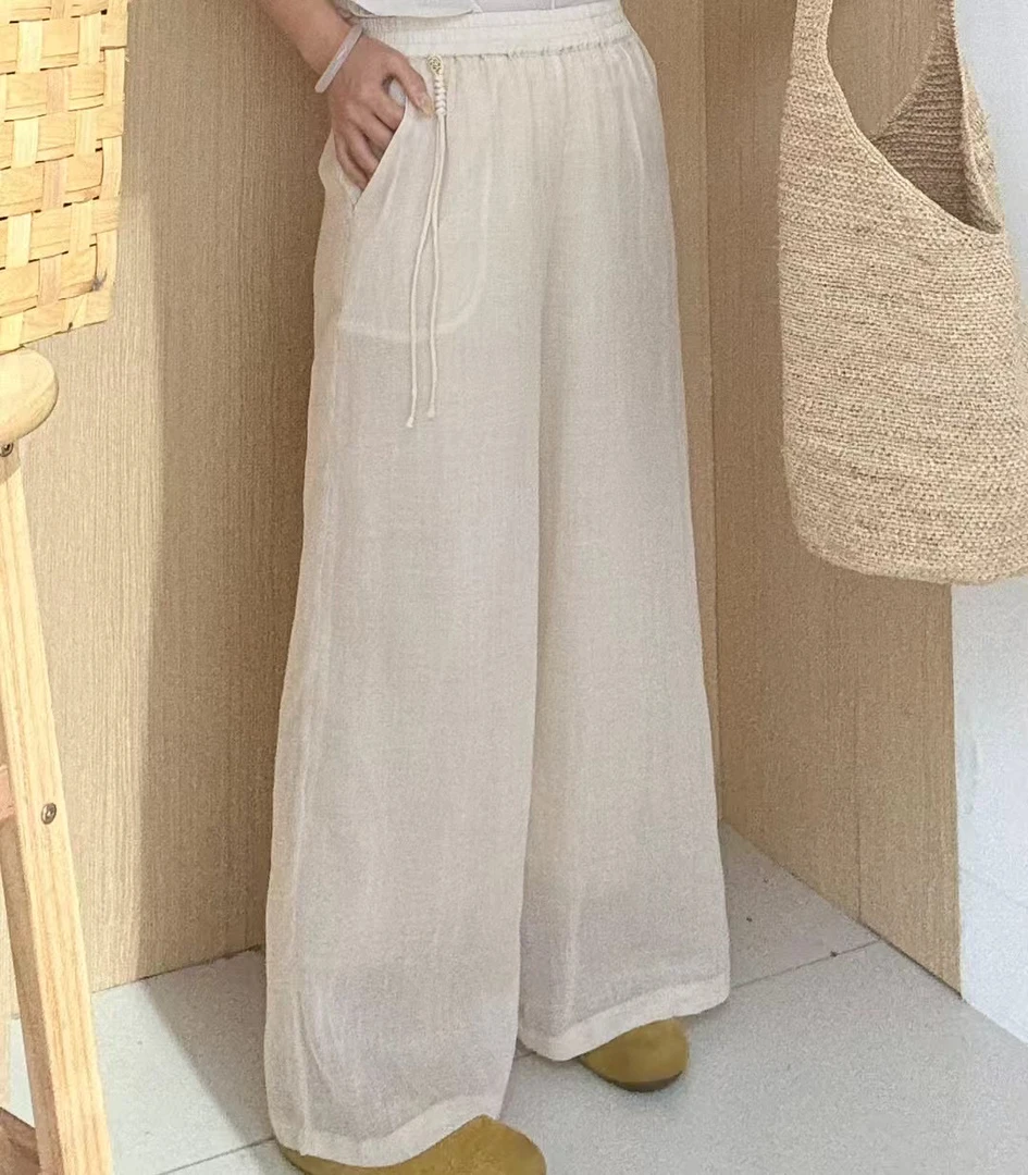 新款韩版宽松休闲百搭女洋气淑女舒适爆款洋气苎麻阔腿裤复古粉色