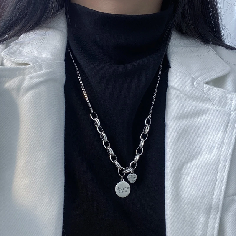 坠链均925银 圆牌英文字母复古项链百搭梦想成真爱心情侣毛衣链