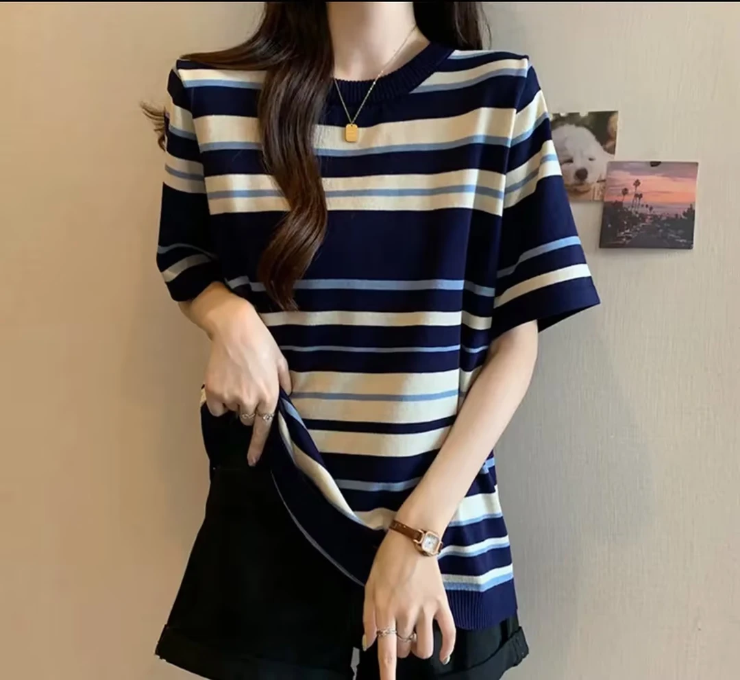 【老刘福利】171女士条纹宽松针织短袖