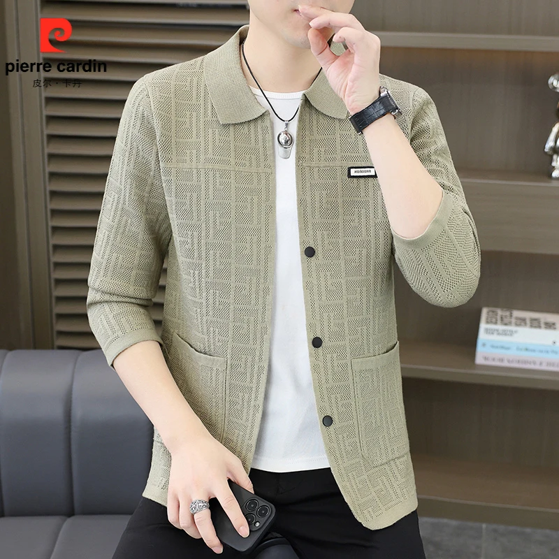 皮尔卡丹男士外套春秋季翻领提花开衫外套简约商务休闲百搭针织衫