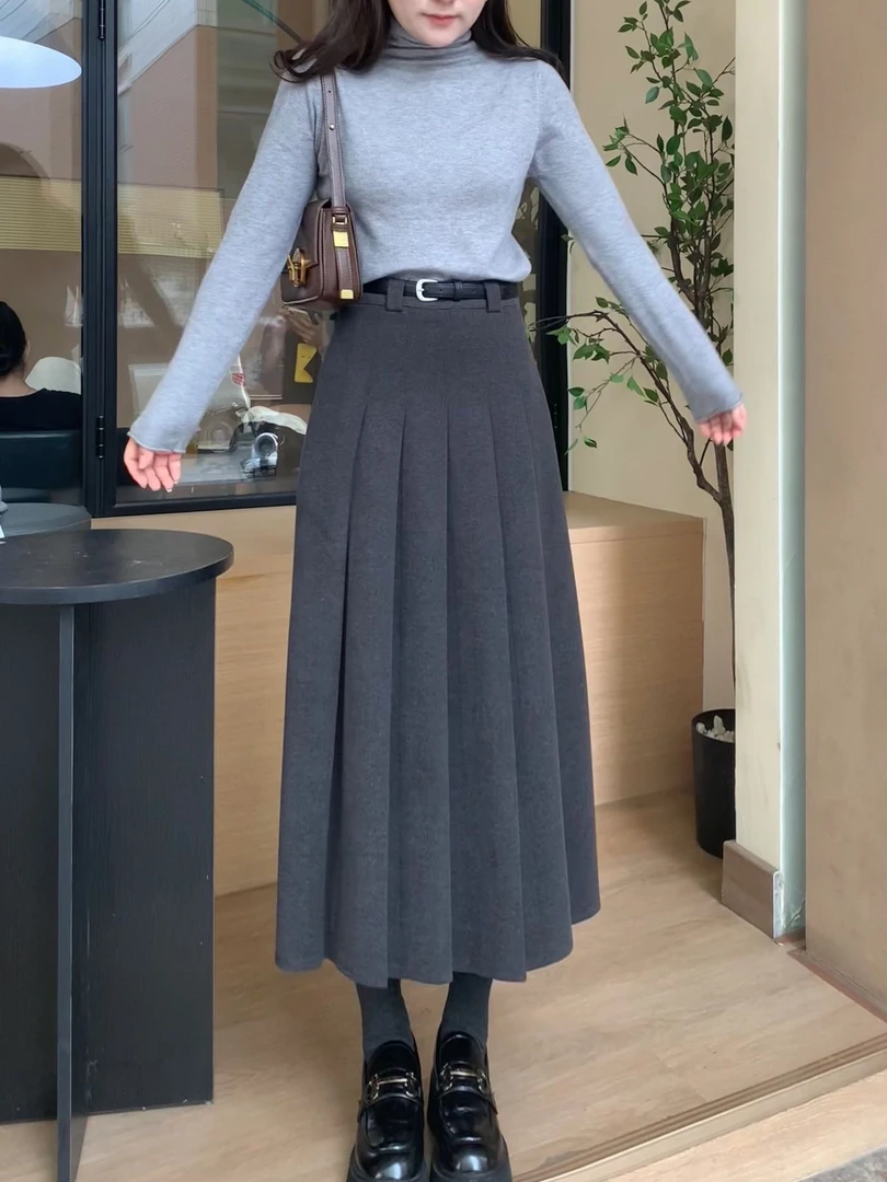 运费补贴小个子秋冬灰色毛呢百搭遮胯修身显瘦高腰百褶裙半身长裙