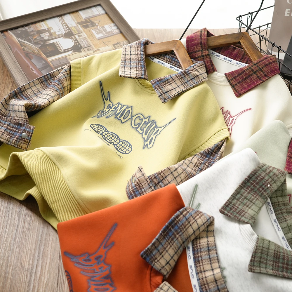 儿童春季新款字母假两件格子袖时尚卫衣男童中大童百搭25C08