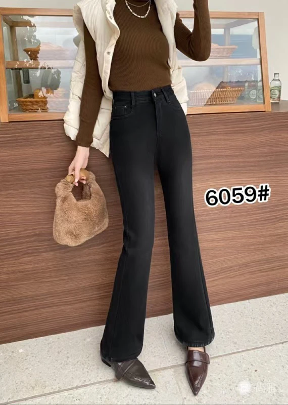 新款牛仔加绒微拉裤