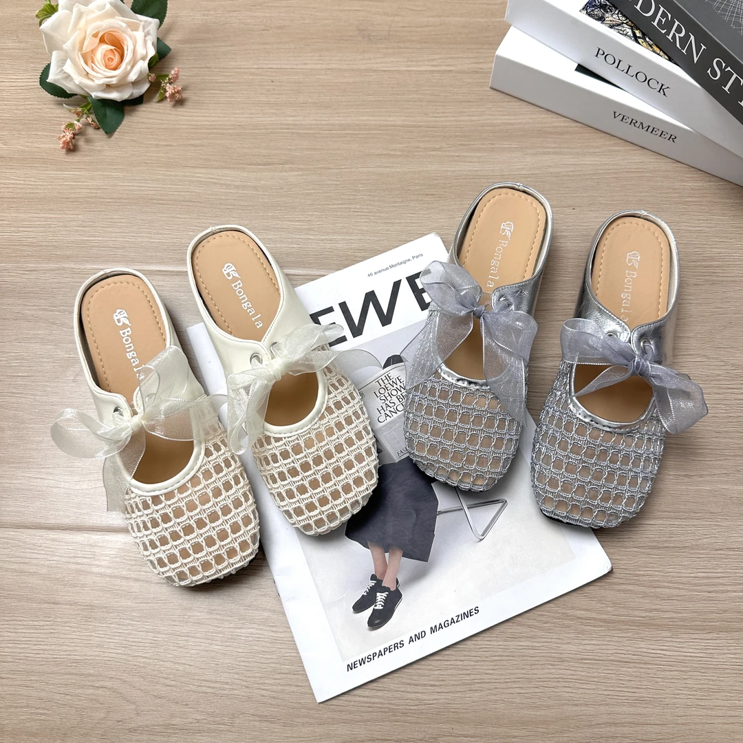 【L2】镂空包头半拖鞋女2025新款夏季外穿时尚百搭蝴蝶结平底凉鞋