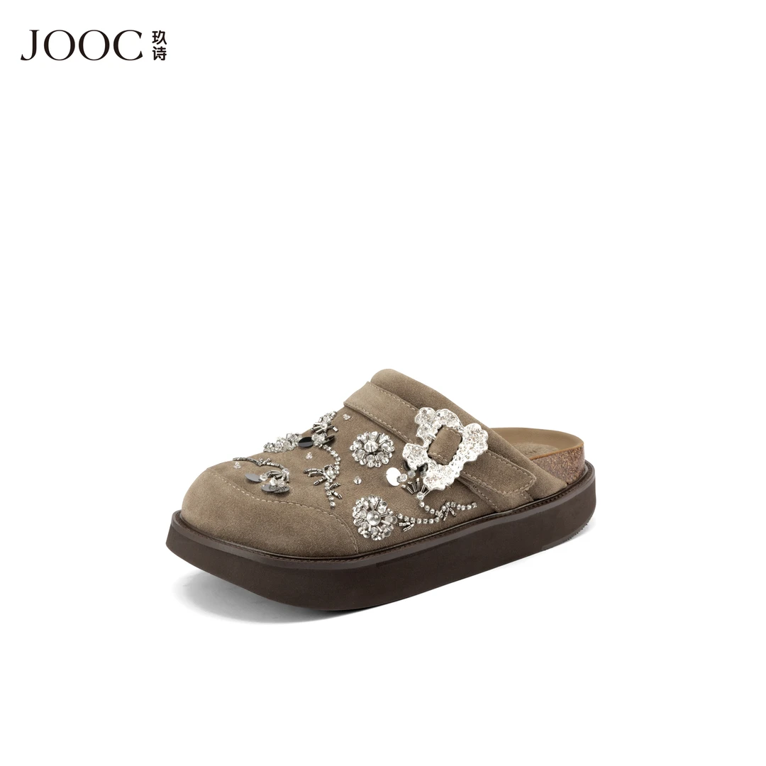 【精致高奢】JOOC玖诗厚底勃肯鞋2025春季新款时尚个性水钻半拖鞋