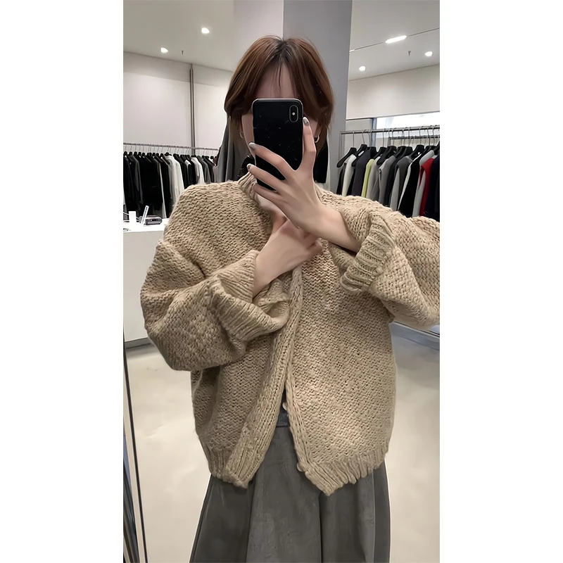 韩系慵懒风时尚颗粒感粗线针织开衫毛衣女外套新款秋冬加厚上衣