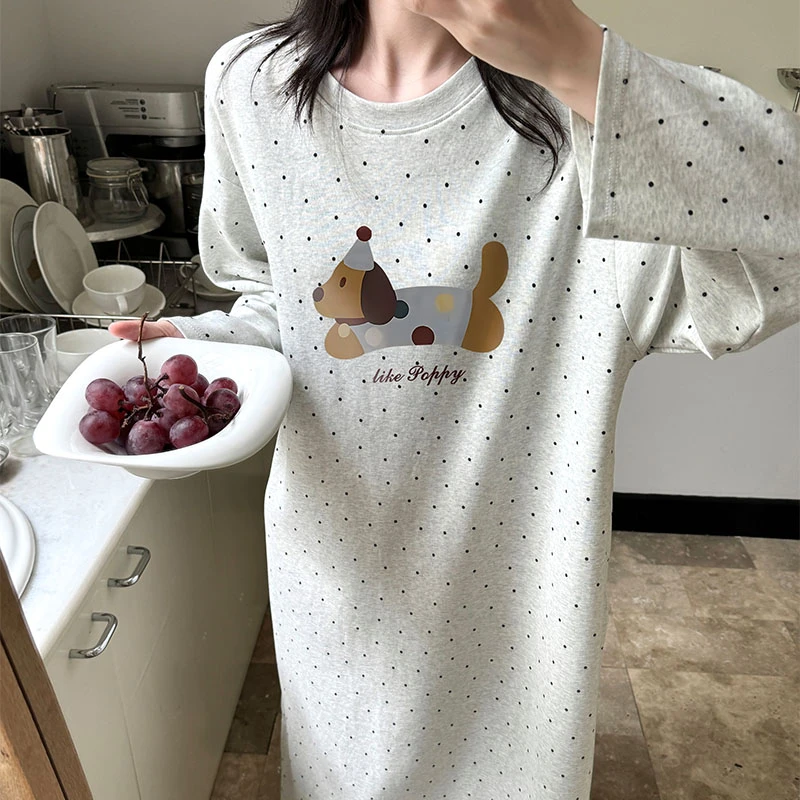 腊肠狗纯棉长袖睡裙女款春秋季韩版卡通加肥加大码女士睡衣家居服