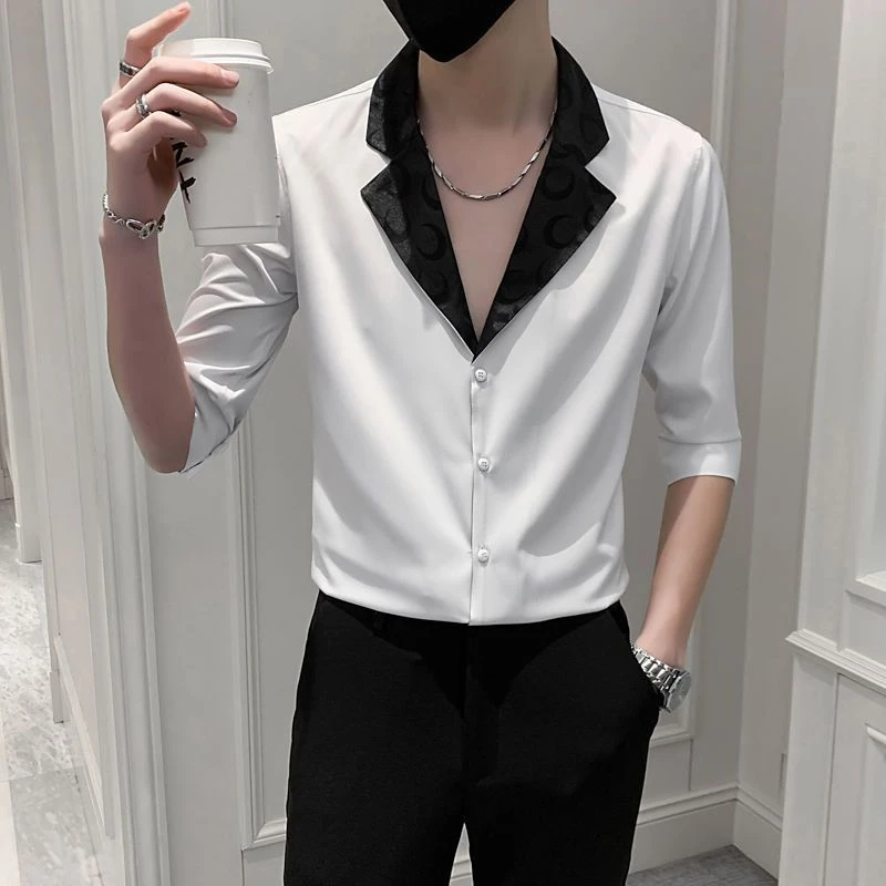 海澜之家运动【潮流款】夏季七分袖衬衫男士2025款潮流V领半袖帅气