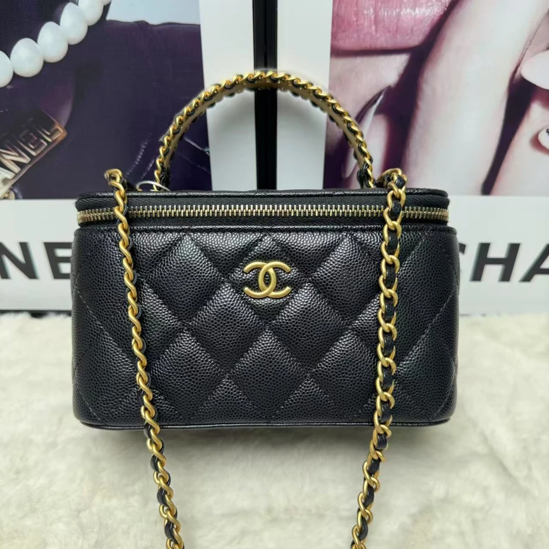 99新 Chanel/香奈儿 24a黑金荔枝牛logo字母手柄长盒子