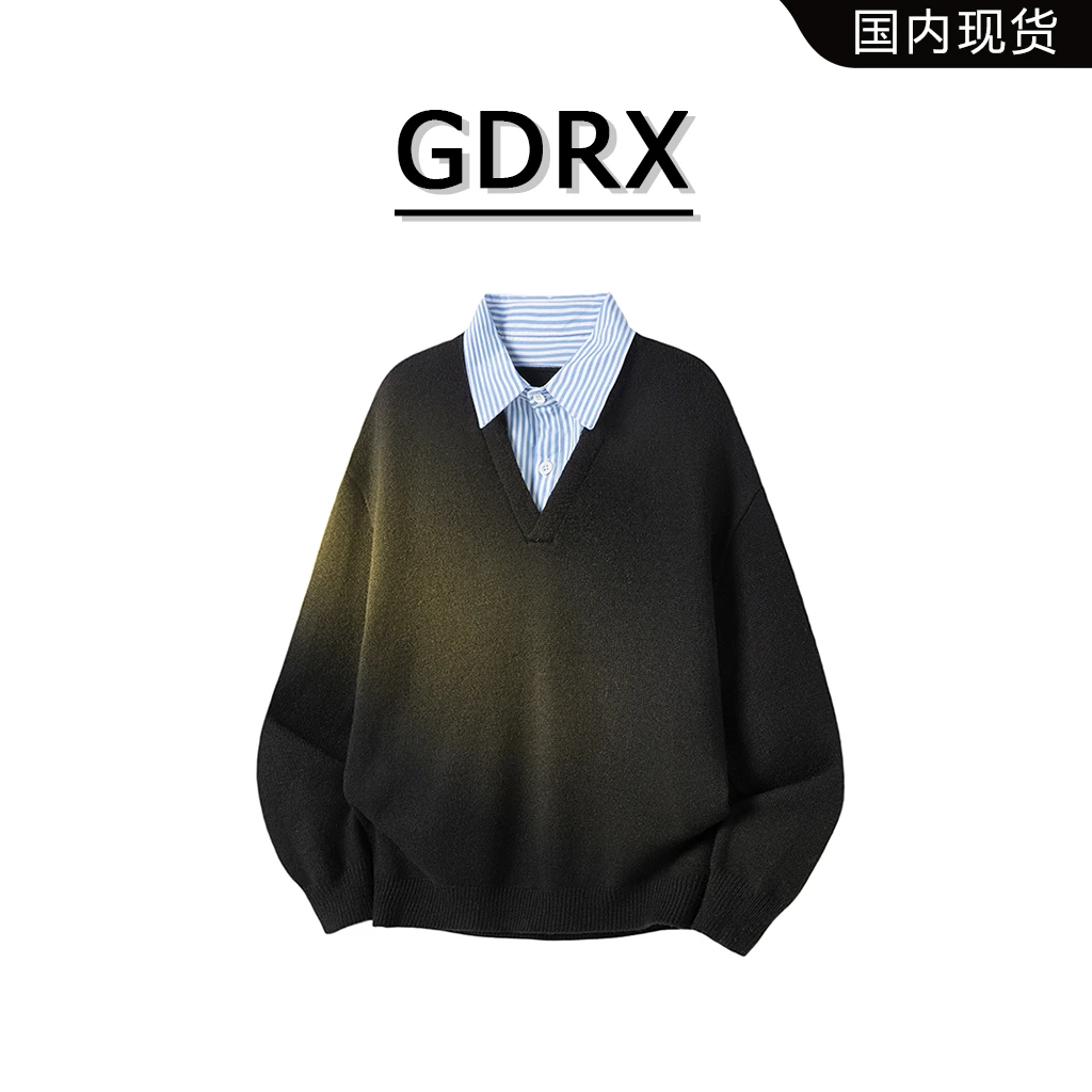 GDRX学院风Polo领毛衣2025秋季美式复古假两件休闲宽松男士上衣