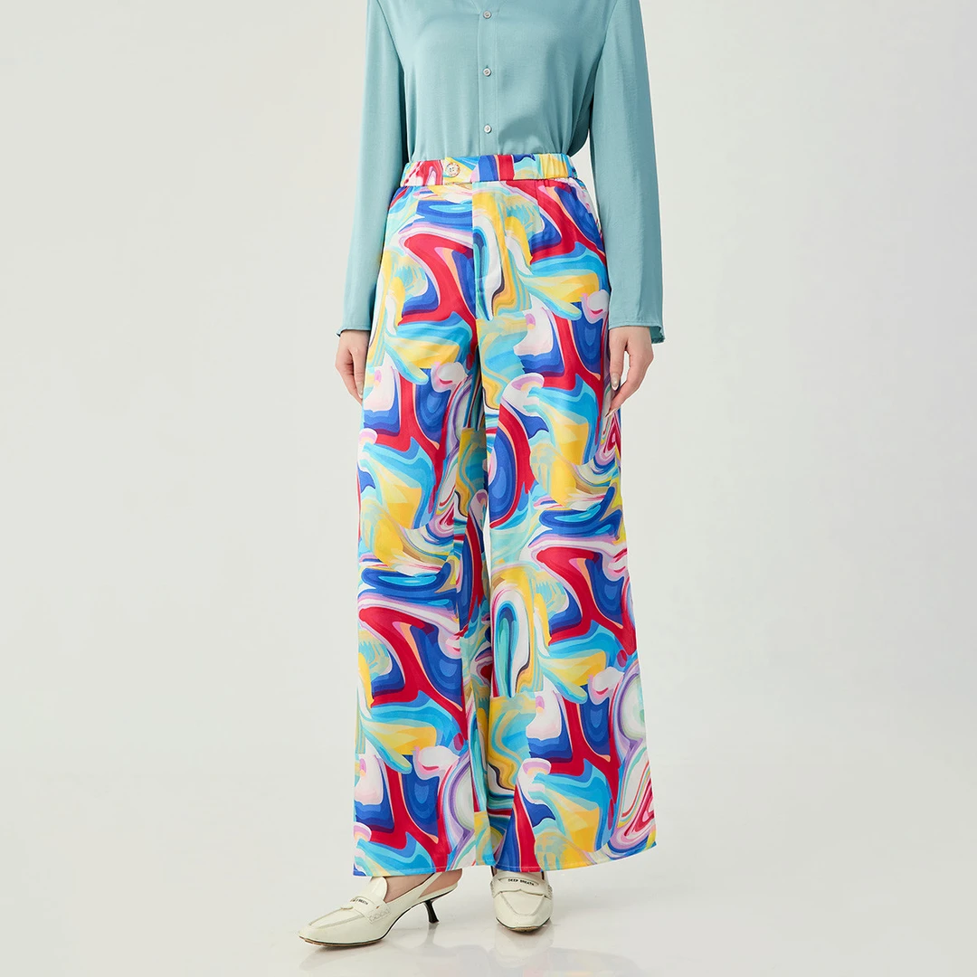 哥弟 新款女装复古印花高腰阔腿裤时尚高开叉百搭休闲长裤1100456