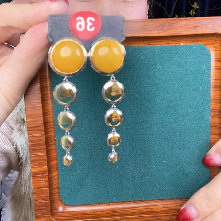 蜜蜡耳饰银S925镶嵌耳吊