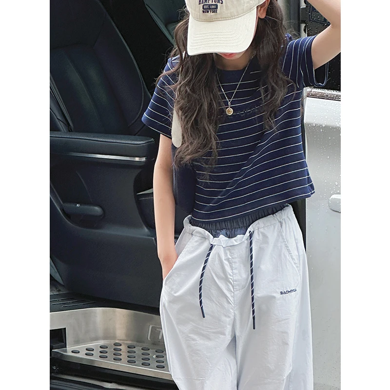 K28756亮片女童T恤短袖2025新款夏装儿童条纹上衣休闲宽松衣服潮t