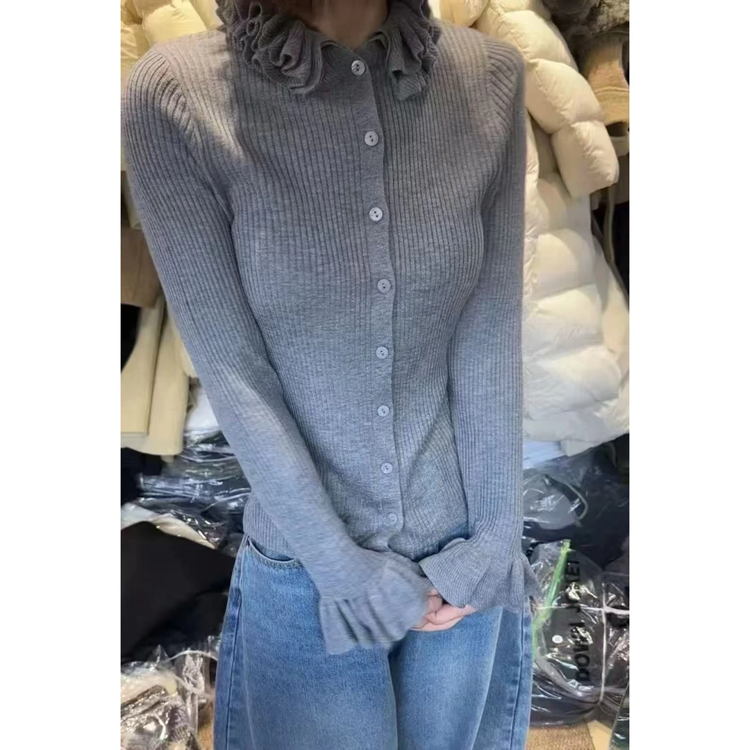 喜糖（1xt2292#）木耳花边- 坑条单排扣长袖针织衫12-4