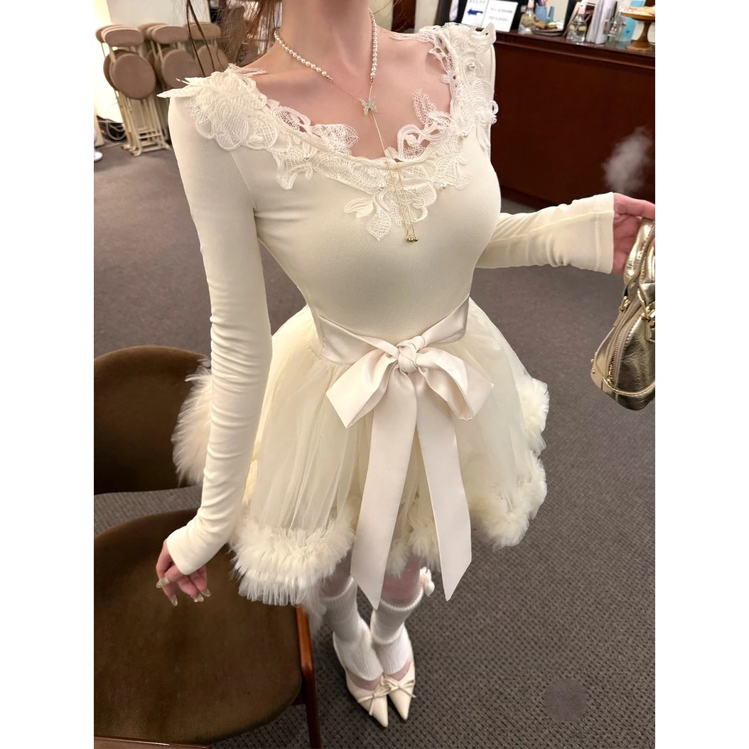 【玉桂绒雪】秋冬新款纯欲风甜美可爱温婉大方约会奶fufu短款连衣裙