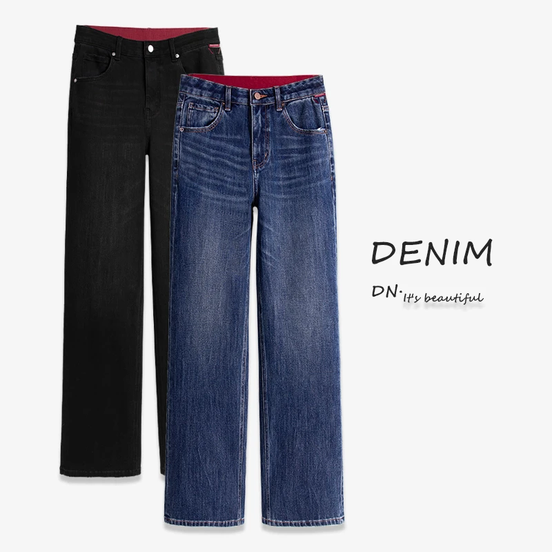 RAIN.CUN【月琥】窄版高腰弹力直筒牛仔裤女加绒显瘦休闲阔腿裤1837