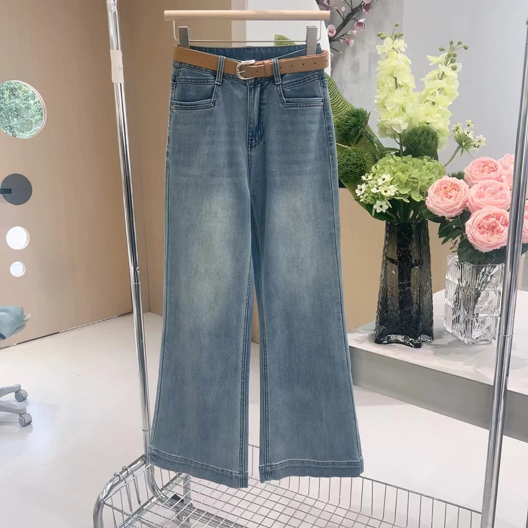 253093  有腰带 有弹力 春新款中高腰遮胯显瘦直筒喇叭裤