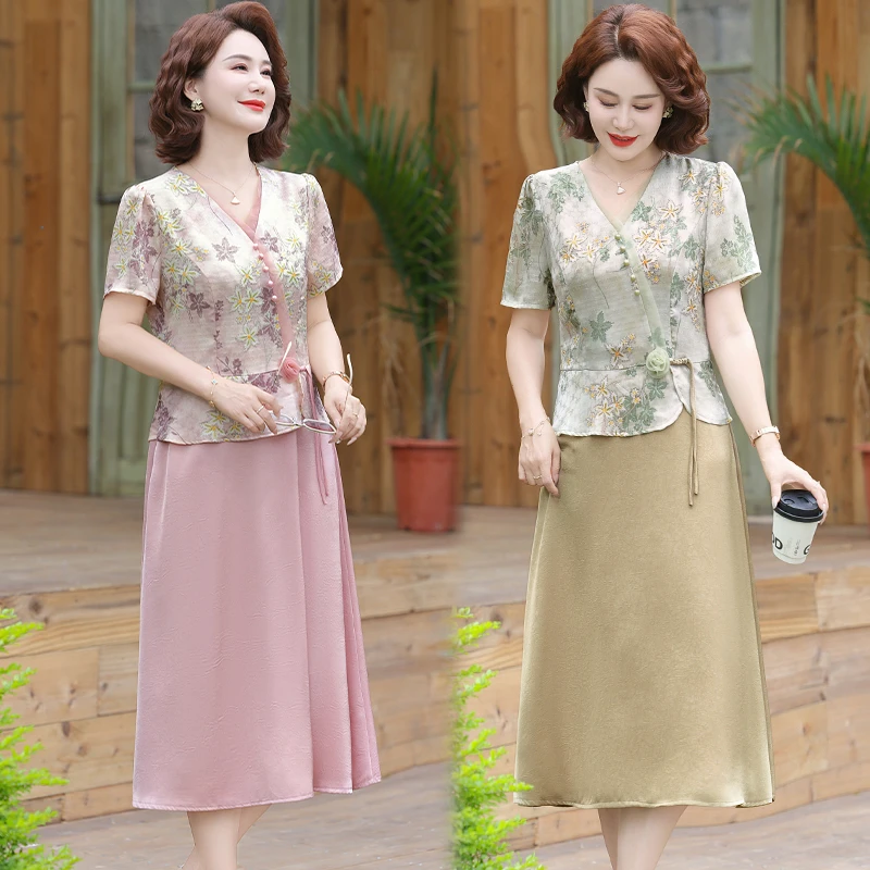 中老年女装夏季新中式中年连衣裙时尚民族风收腰高贵气质贵妈妈