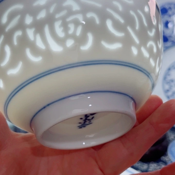 青花玲珑5寸饭碗满雕双福双线